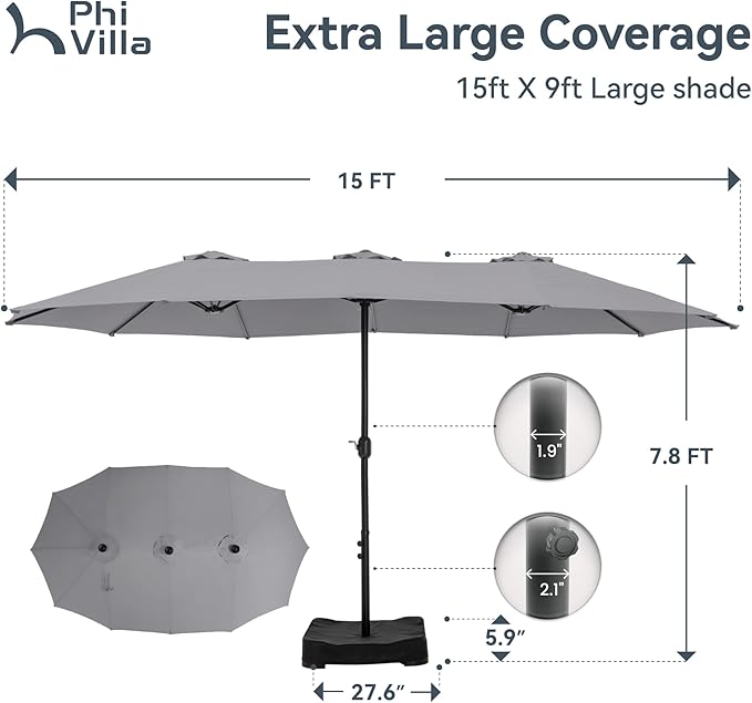 PHI VILLA 15ft Large Patio Umbrellas with Base, Outdoor Double-Sided Rectangle Market Umbrella for Pool Lawn Garden, Light Gray