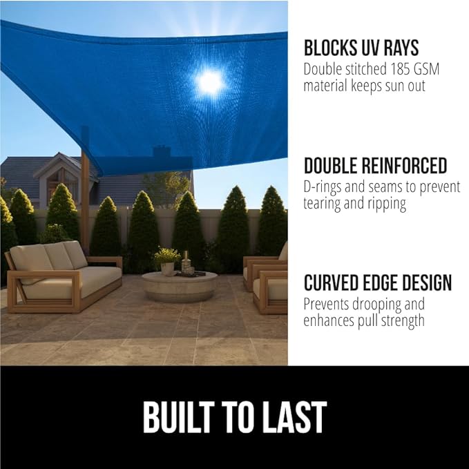 GORILLA GRIP Heavy Duty Sun Shade, UV Protection Fade Tear and Rust Resistant Rectangle Sunshade Canopy, Curved Edges Blocks Sunlight, Breathable Sail, Outdoor Patio, Lawn Garden, 8x10 FT Blue