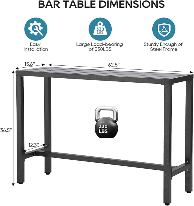 Outdoor Bar Table, Patio Console Pub Height Tables with Powder Coated Steel Frame, Weather Resistant Waterproof Top for Hot Tub, Balcony, Garden, Yard, Poolside (63" Bar Table, Grey)