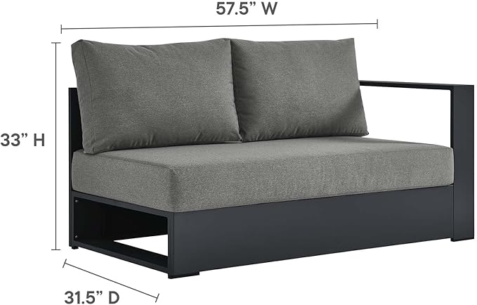 Modway Tahoe Aluminum 3-Piece Outdoor Patio Furniture Gray Charcoal, Modular Sectional Sofa Set with Weather-Resistant Cushions, Ideal for Deck, Backyard Poolside