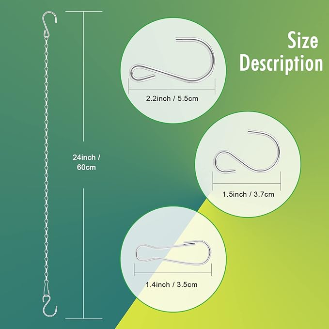 RIFNY Silver Chain for Hanging Plants, 24 Inch Small Plant Chains for Hanging Baskets Kits with Hooks for Bird Feeders Planters Billboards Lanterns Wind Chimes Ornaments Outdoor Indoor Use (10 PCS)