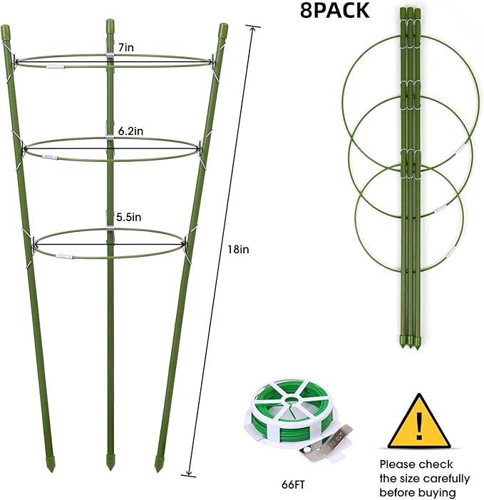 8 Pack Plant Support Tomato Cages for Garden, 18 Inches Small Tomato Cages and Supports with Adjustable Rings for Garden Pots, Plant Stakes Tomato Trellis Rings for Climbing Plants