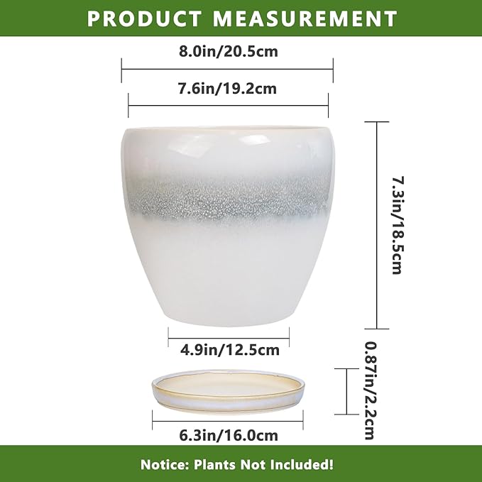 Ceramic Pots for Plants - 8 Inch Planter with Drainage Hole and Saucer, Round Flower Pot for Indoor Outdoor Plants, Decorative Planter, House Patio Decor, Housewarming Gifts, White-Grey