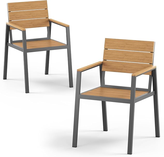 Outdoor Patio Dining Chairs Set of 2, Aluminum & HDPS All-Weather Dining Chairs for Deck, Lawn, Backyard, Pool (Gray & Teak)