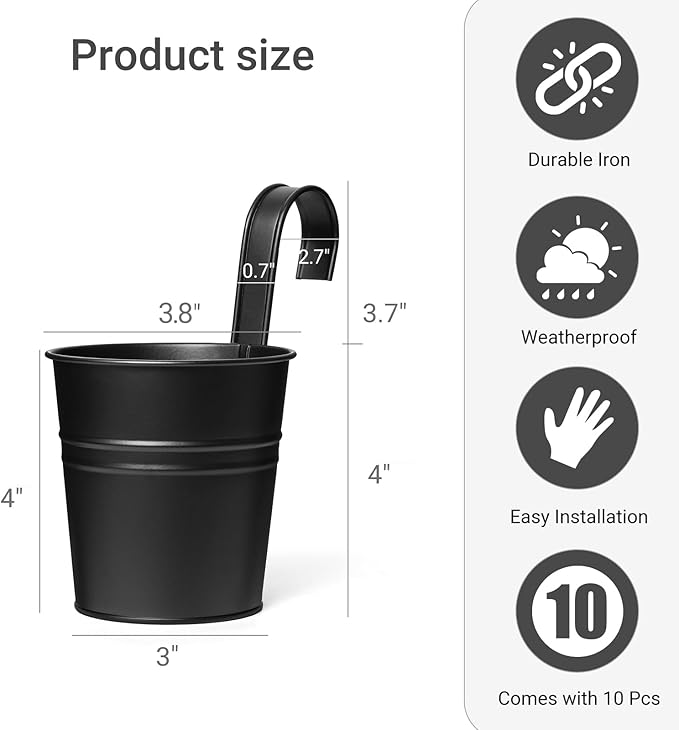 Dahey 10 Pcs Small Hanging Flower Pots Metal Iron Bucket Planter for Railing Fence Balcony Garden Home Decoration Flower Holders with Detachable Hooks, Black, 4 Inches
