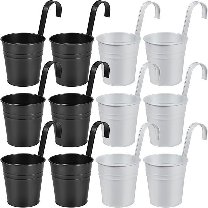OBTANIM 12 Pack Metal Hanging Flower Pots Railing Planter Outdoor Fence Hanging Bucket Plant Holder with Detachable Hooks Drain Holes for Home Garden Yard Decor (Black and White, 4 x 4 Inch)