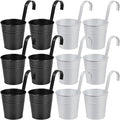 OBTANIM 12 Pack Metal Hanging Flower Pots Railing Planter Outdoor Fence Hanging Bucket Plant Holder with Detachable Hooks Drain Holes for Home Garden Yard Decor (Black and White, 4 x 4 Inch)