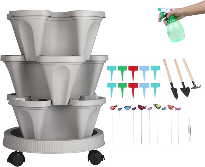 Vertical Planter 3 Tier Stackable Planters Garden Planters Strawberry Herb Flower and Vegetable Planter Indoor Outdoor Gardening Pots with Removable Wheels and Tools