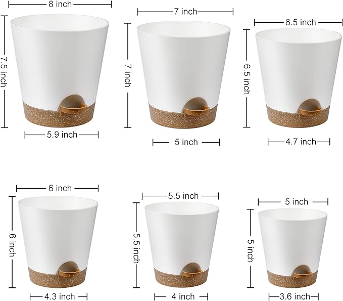 Indoor Self Watering Planters with Drainage Holes and Saucers, 8, 7, 6.5, 6, 5.5, 5 Inches, White, 6 Pots