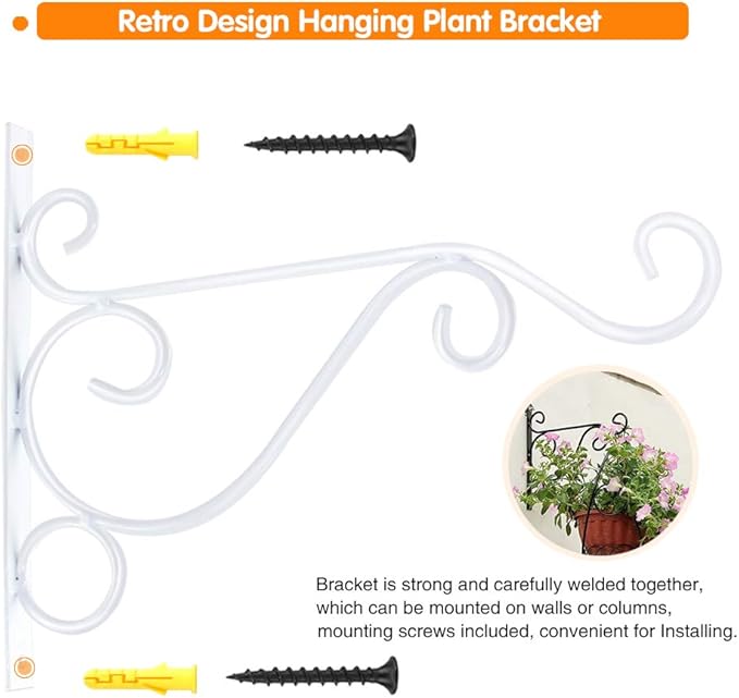 KABB Hanging Plant Bracket, 2 Pcs 10 Inch Iron Decorative Wall Planter Hanger Hooks for Hanging Plants Flower Baskets Wind Chimes Bird Feeders, Indoor Outdoor Rustic Home Decor, White