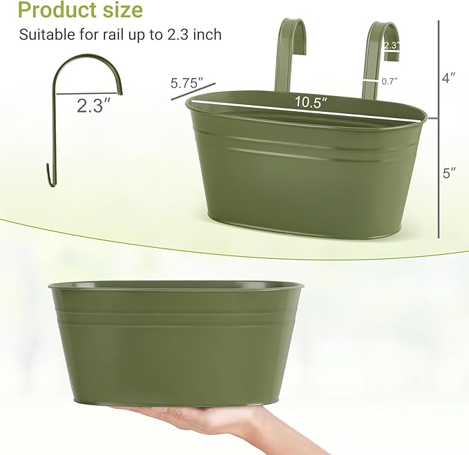 Dahey 10.5 Inch Metal Iron Hanging Flower Pots for Railing Fence Hanging Bucket Pots Countryside Style Outdoor Planter Window Flower Plant Holder with Detachable Hooks Home Decor,Green,3 Pcs