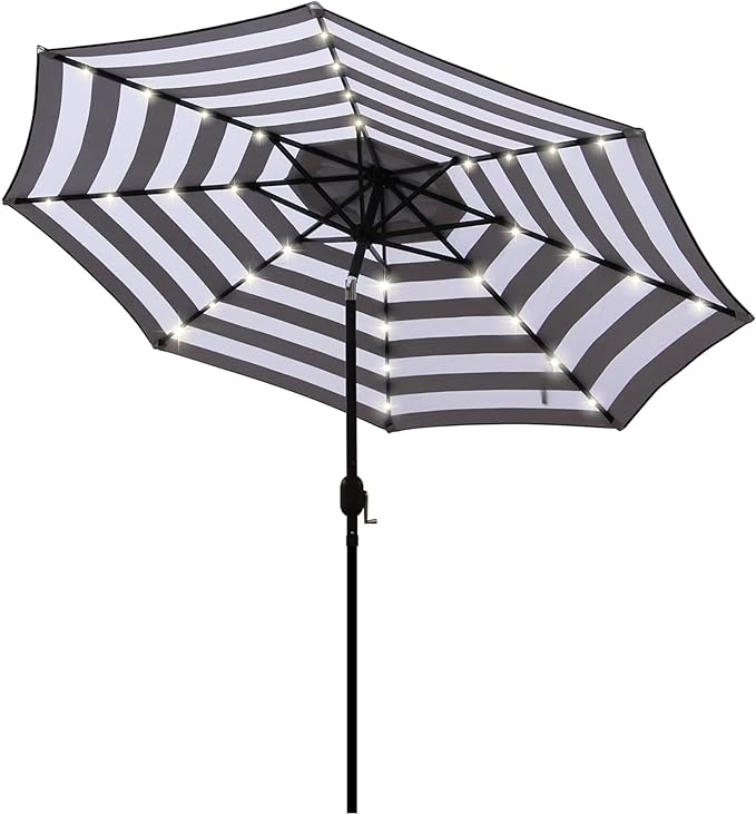 Blissun 9 ft Solar Umbrella 32 LED Lighted Patio Umbrella Table Market Umbrella with Tilt and Crank Outdoor Umbrella for Garden, Deck, Backyard, Pool and Beach (Black and White)