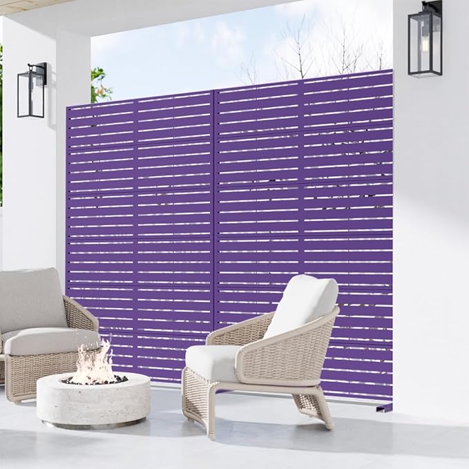 Casaphoria Metal Privacy Screen Outdoor, 72" H x 47" W Freestanding Decorative Privacy Screen for Patio Deck Balcony Garden with Stable Base, Dark Purple-Louvered