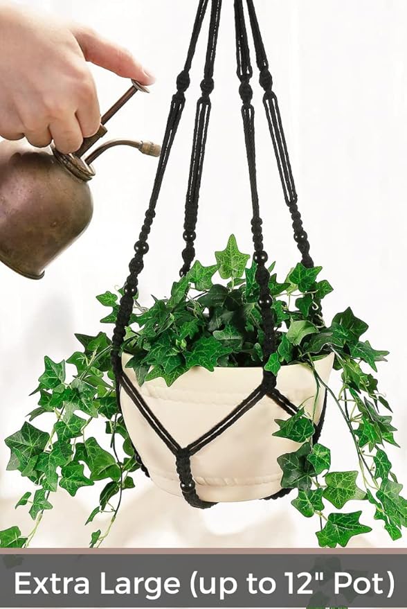 43 Inches Macrame Planter Hanger Large for 12 inch Pot + Swag Hook (Extra Long & Big) | Large Hanging Planter for Indoor Plants | No Tassel, Cotton Rope, NO Pot/Plant Included (Black)(XL)