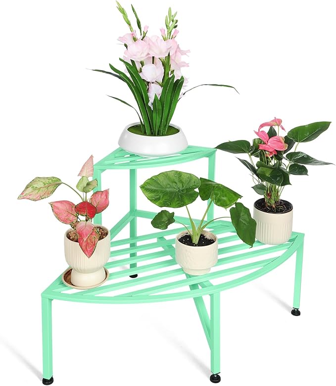 Corner Plant Stand Outdoor Metal,2 Tier Heavy Duty Ladder Plant Shelf Indoor for Multiple Plants,37.08" L x 22.83" W x 20.07" H,Mint Green