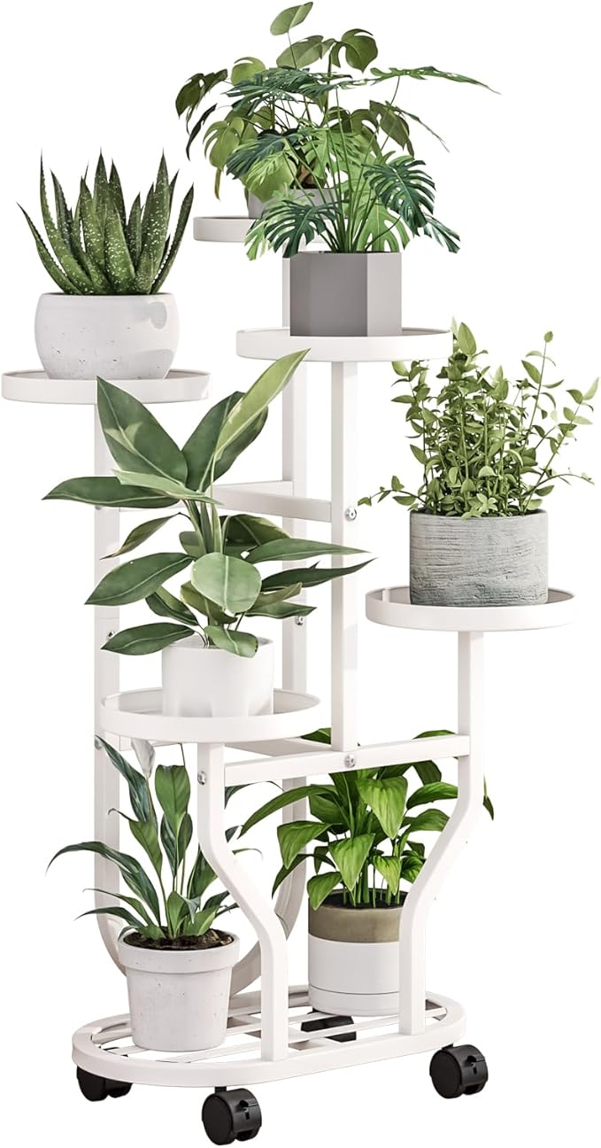 Plant Stand 5 Tier Indoor Outdoor Metal Flower Shelf with Wheels Multi Plants Holder Display Rack for Garden Patio Balcony Living Room White (White, 5 Tier)