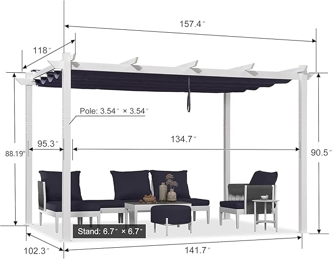 PURPLE LEAF 10' x 13' Patio Retractable Pergola Outdoor White Heavy-Duty Aluminum Pergola Metal with Double Sun Shade Canopy for Backyard Gardens Deck, Navy Blue