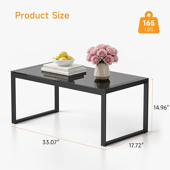 ONBRILL Rectangle Coffee Table with Tempered Glass Desktop, Galvanized Frame Outdoor Coffee Table with Adjustable Feet for Patio, Balcony, Deck, Living Room, Black