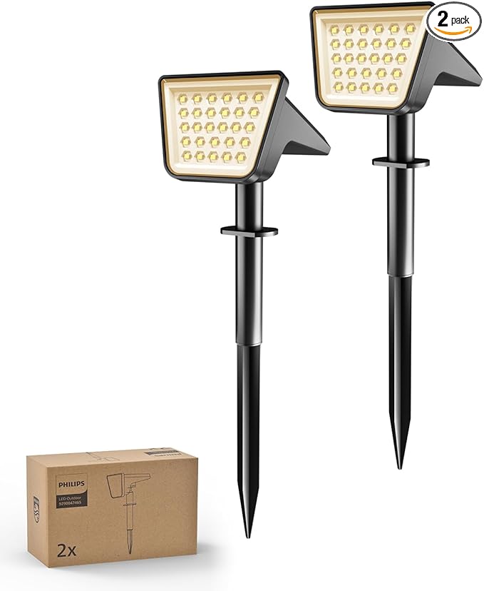 Philips 2 Packs Solar Spot Lights Outdoor Waterproof, 28 LED 3000K Solar Powered Landscape Pathway Lights, Dusk to Dawn Solar Spotlights for Garden, Yard, Lawn, Walkway, Driveway