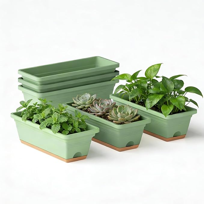 Window Box Planter, 6 Pack Plastic Vegetable Flower Window Planters Boxes 16 Inches Rectangular Flower Pots with Drainage Holes and Saucers (Green)