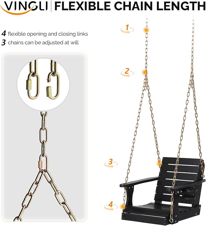 VINGLI Heavy Duty 880 LBS HDPE Porch Swing Outdoor with Rotatable Cup Holder, with Adjustable Chains, 1 Person Hanging Porch Swing Chair for Porch, Yard, Tree, Garden - Black