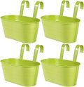OBTANIM 4 Pack Metal Hanging Flower Pots Iron Railing Planter Outdoor Fence Hanging Pots Bucket Plant Holder with Detachable Hooks Drain Holes for Home Garden Yard Decor (Green)