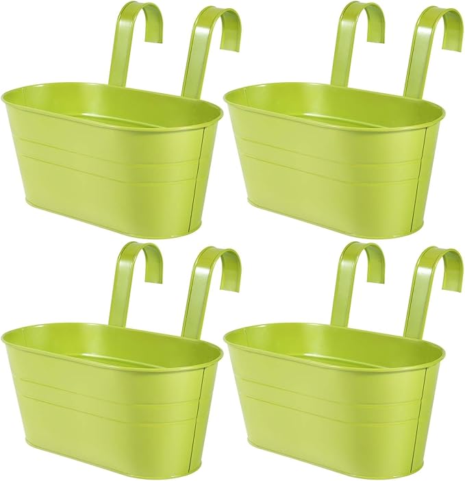 OBTANIM 4 Pack Metal Hanging Flower Pots Iron Railing Planter Outdoor Fence Hanging Pots Bucket Plant Holder with Detachable Hooks Drain Holes for Home Garden Yard Decor (Green)