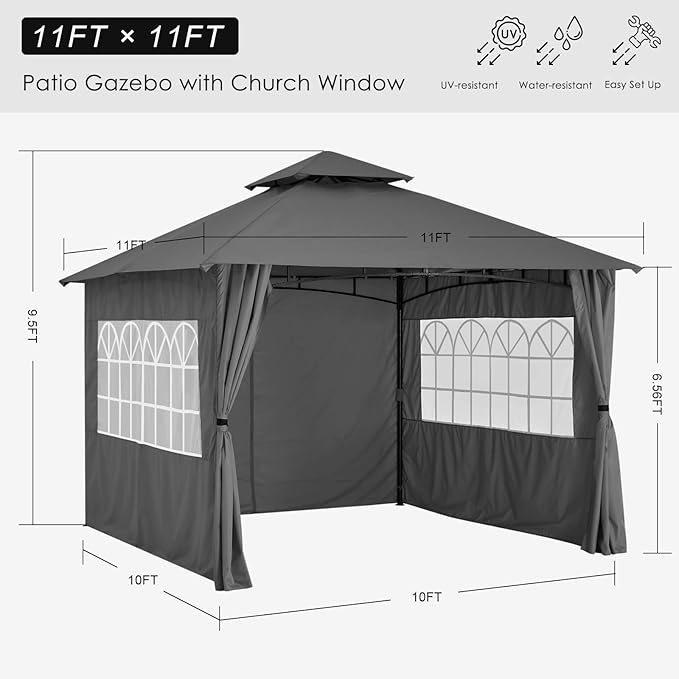 MASTERCANOPY Patio Gazebo Steel Frame Outdoor Gazebo with Windows Curtains (11x11,Dark Gray)
