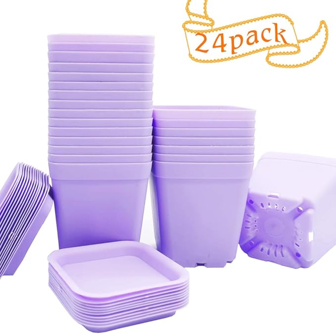 Anyumocz 24 Pack Plastic Square Nursery Pots 3 Inch Plastic Plant Pots,Flower Pot with Tray Saucer for Indoor Outdoor Garden Office Decor