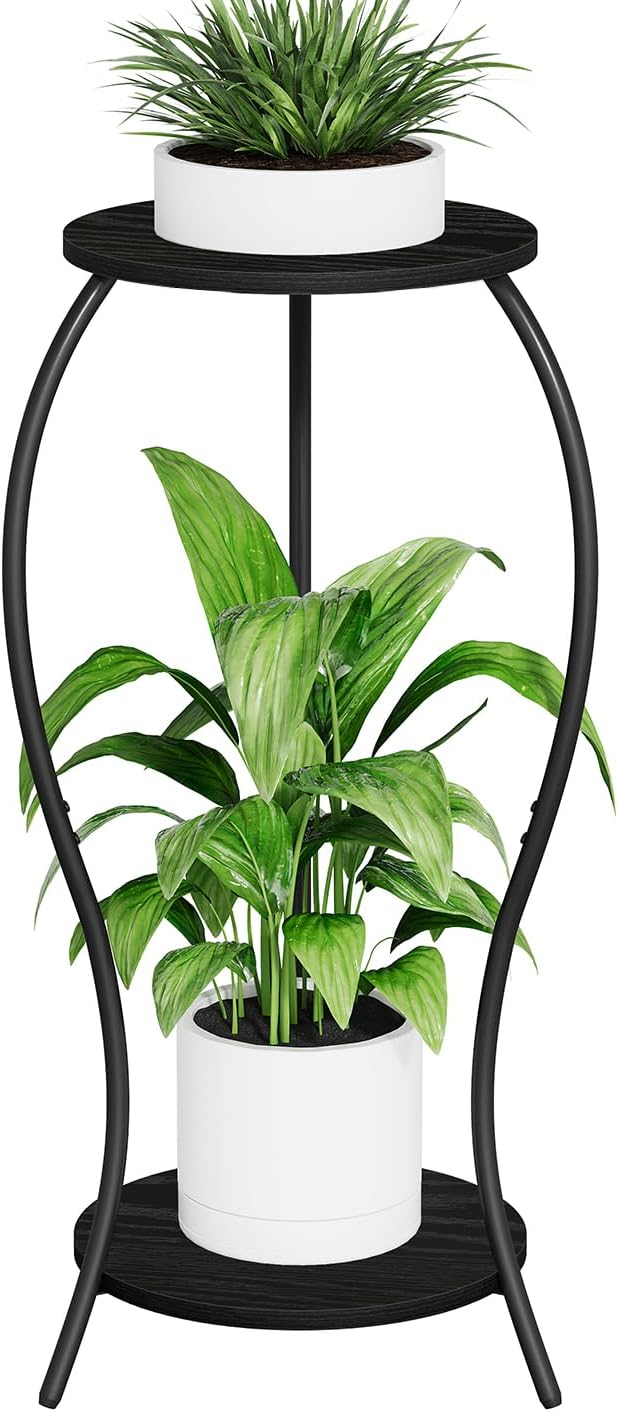 Plant Stand Indoor, 2 Tier Round Tall Plant Stand, Flower Pot Stand, Plant Shelf Rack, Corner Plant Stand for Planter Garden Balcony Patio Living Room (Black-Wood, 2 Tier)