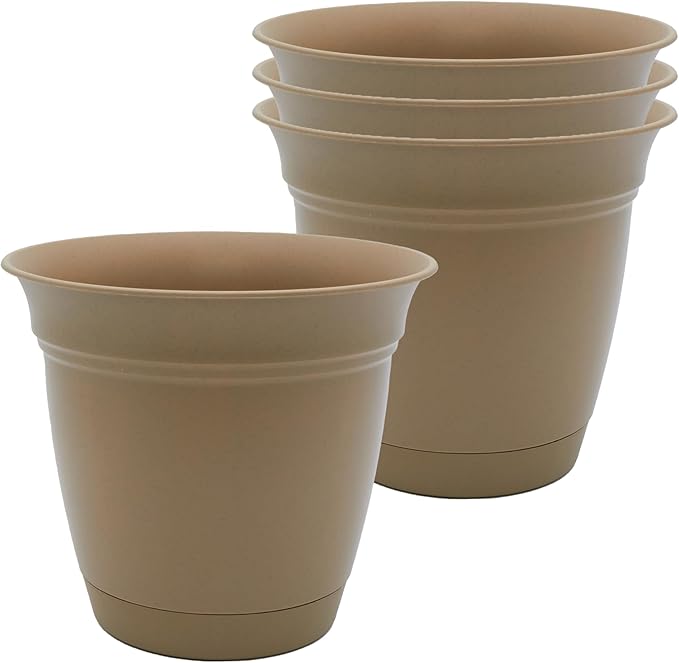 The HC Companies 6 Inch Eclipse Round Planter Pots with Drainage Holes & Attached Saucer, Lightweight UV-Resistant Plastic Indoor Outdoor Planters, 4-Pack Flower Pots for Garden Home Decor, Sandstone