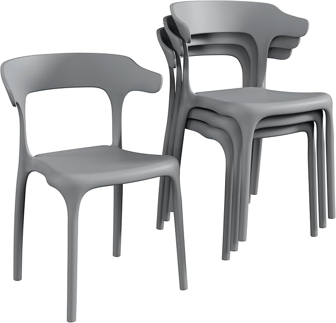 VECELO 4 Pack Plastic Stacking Chairs, Stackable Dining Chairs for Kitchen Restaurant Patio, Portable Indoor Outdoor Use, No Assembly Required, Gray