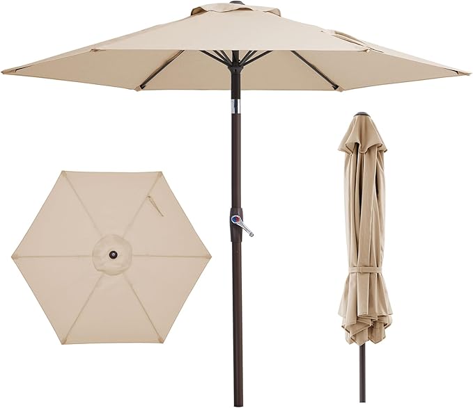 JEAREY 7.5FT Patio Umbrella Outdoor Table Umbrella with 6 Sturdy Ribs, Push Button Tilt & Easy Crank Table Umbrella for Garden, Deck, Backyard & Pool, Cream Beige