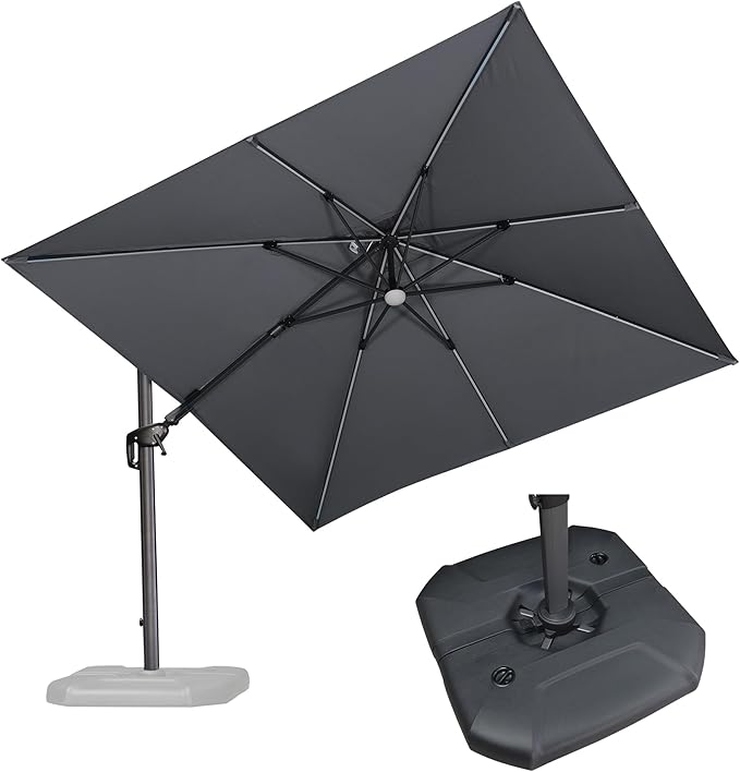 PURPLE LEAF 10 Feet Patio Umbrella with Base Outdoor Cantilever Solar Powered LED Swivel Square Umbrella Aluminum Offset Umbrella with 360-degree Rotation for Garden Deck Pool Patio Light Grey