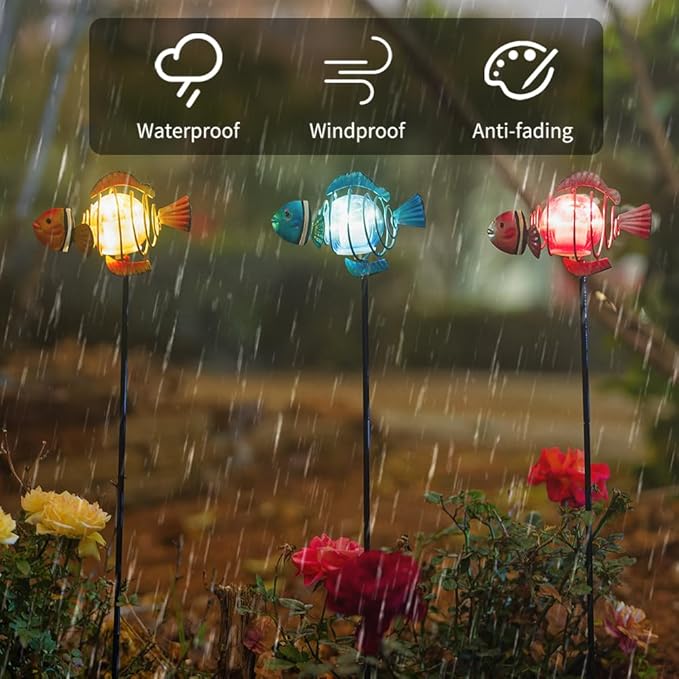 Fish 3Pack 21.3''H Outdoor Figurine Lights, Multicolor Clownfish Solar Garden Decor with Led Lights, Decorative Garden Stake for Yard, Patio, Lawn