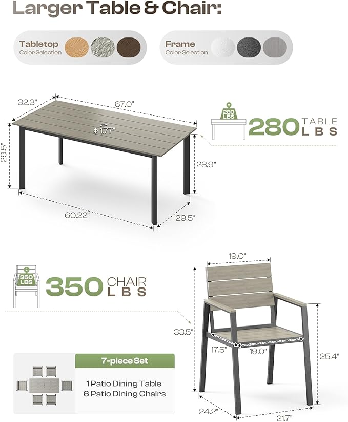 Outdoor Dining Set for 6, Aluminum Patio Table and Chairs Set with Umbrella Hole, 7 Piece HDPS Outdoor Furniture Sets for Patio, Garden (Gray)