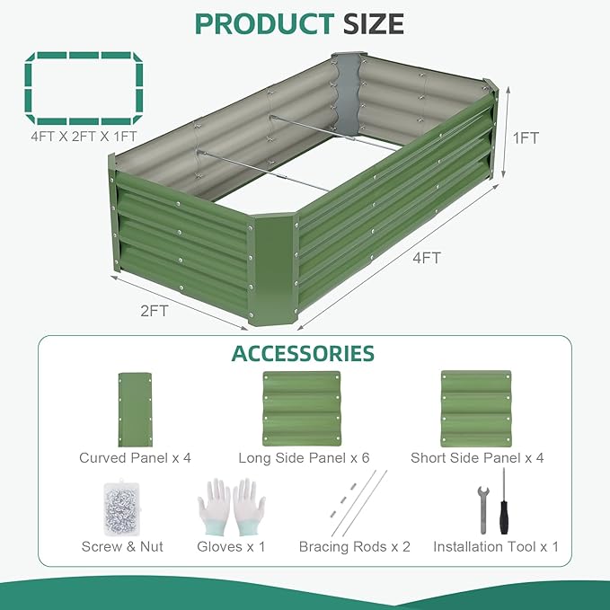 Galvanized Raised Garden Bed - 4x2x1ft Metal Garden Planter Box Outdoor | Steel Raised Bed Kit with Bracing Rods, Gloves for Gardening Vegetables Fruits and Flowers (Oliver Green)