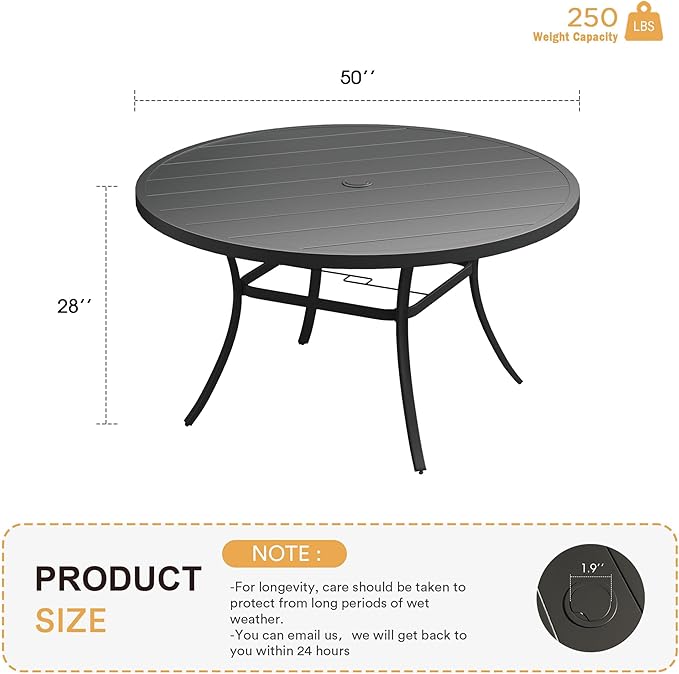 VICLLAX 50" Outdoor Round Patio Table with Umbrella Hole, All Weather Metal Round Outdoor Dining Table for Lawn Garden, 6-8 Person Table, Black