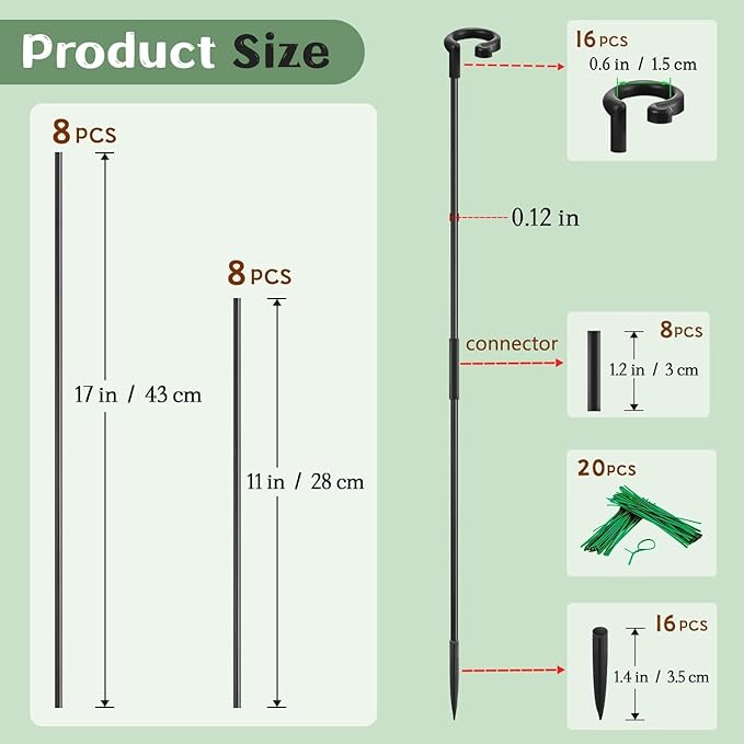 Orchid Sticks 17 inch &11 inch SupKing 16Pcs Plant Stakes with Clips for Support Small Short Plants,Garden Stakes Support Poles Rods Suit for Potted Plants Flowers Seedling (Black)