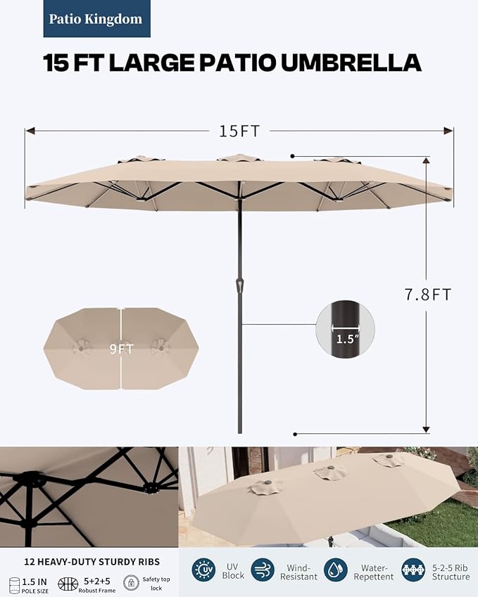 7-Piece White Outdoor Dining Set with White 15FT Large Patio Umbrella, 75.2'' HDPE Table & Chairs for 6, Weather-Resistant Furniture with Umbrella Hole for Patio, Lawn, Poolside