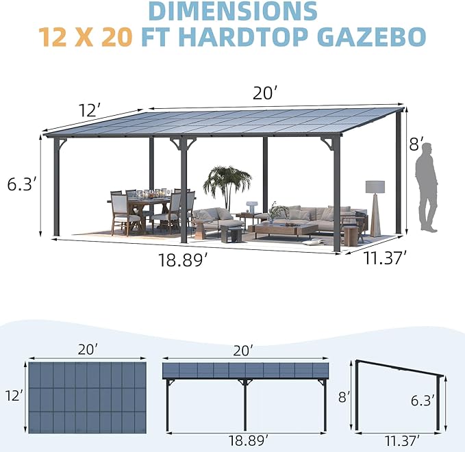 AECOJOY 20' x 12' Gazebo for Patio, Large Wall-Mounted Hard Top Lean-to Gazebo Pergola with Roof 12' x 20' on Clearance, Heavy Duty Patio Awnings for Decks, Backyard