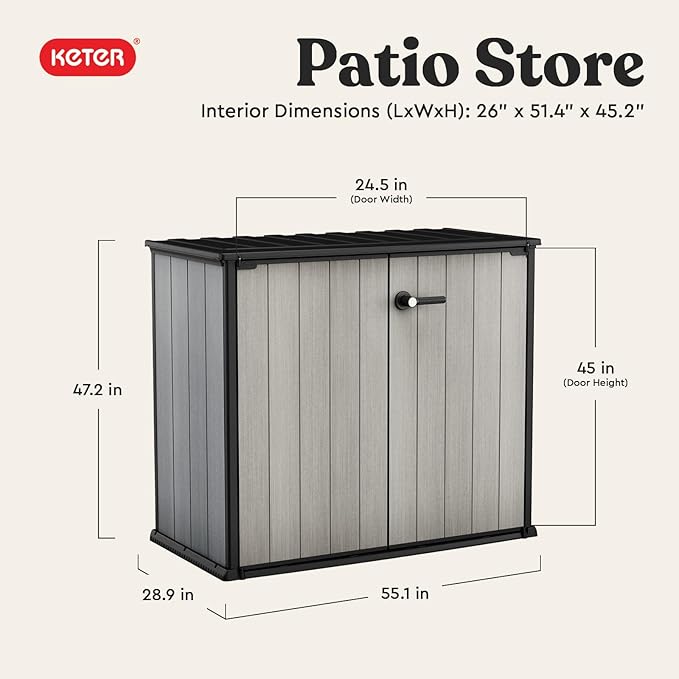 Keter Patio Store 4.6 x 4.0 ft. Resin Outdoor Storage Shed with Paintable and Drillable Walls for Customization-Perfect for Yard Tools and Pool Toys, Grey