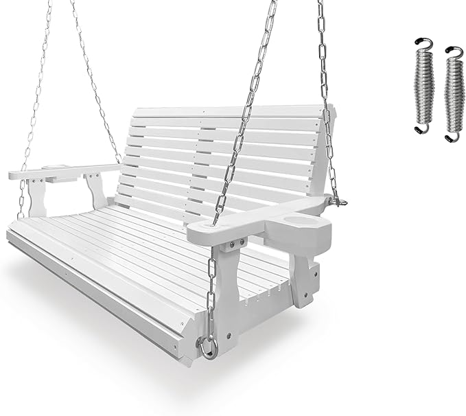 Wooden Porch Swing 2-Seater, Bench Swing with Cupholders, Hanging Chains and 7mm Springs, Heavy Duty 800 LBS, for Outdoor Patio Garden, Pure White, 4 FT Extra Large