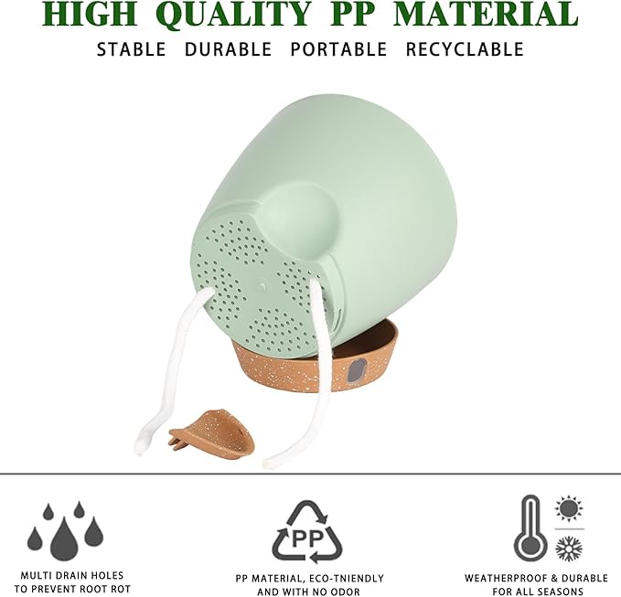 Self-Watering Plant Pots for Indoor Plants: 5/6 Inch Plastic Planter with Water Level Indicator, Drainage Holes & Deep Reservoir, Modern Decorative Flower Pot (Green)