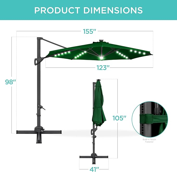 Best Choice Products 10ft Solar LED Cantilever Patio Umbrella, 360-Degree Rotation Hanging Offset Market Outdoor Sun Shade for Backyard, Deck, Poolside w/Lights, Easy Tilt, Cross Base