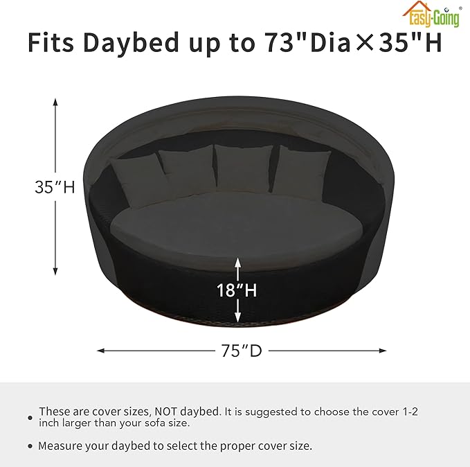 Easy-Going Heavy Duty 600D Outdoor Daybed Cover 75 Inch UV Resistant Patio Round Sofa Cover Waterproof Outdoor Canopy Daybed Sofa Cover with Air Vent 75" Dia x 35"/18" H, Black