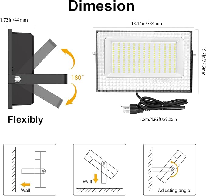 Onforu 200W Flood Lights Outdoor,19000lm Bright LED Work Light with Plug,6500K Daylight White LED Flood Lighting,IP66 Waterproof Security Yard Lights for Yard Garage Stadium 2 Pack