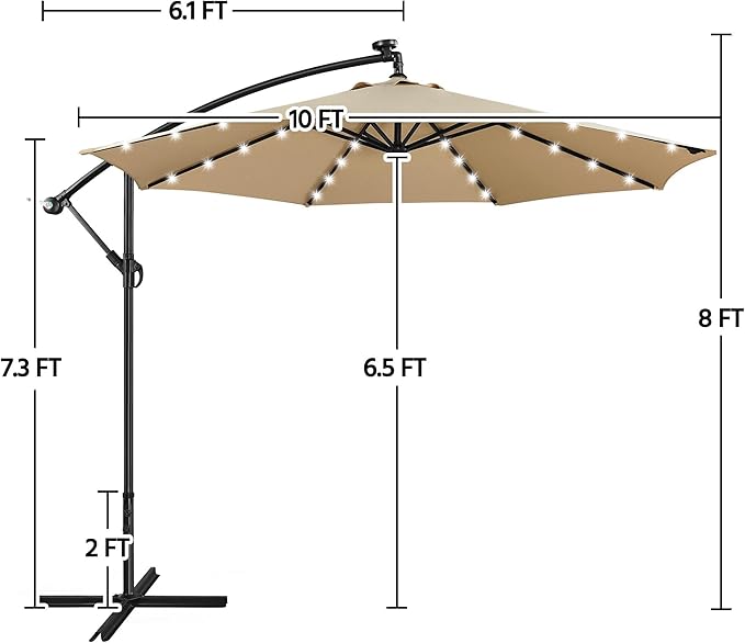 Yaheetech 10FT Solar Offset Umbrella with 32 LED Lights Cantilever Hanging Outdoor Umbrellas Handy Crank & Cross Base for Lawn/Deck/Backyard/Pool Tan
