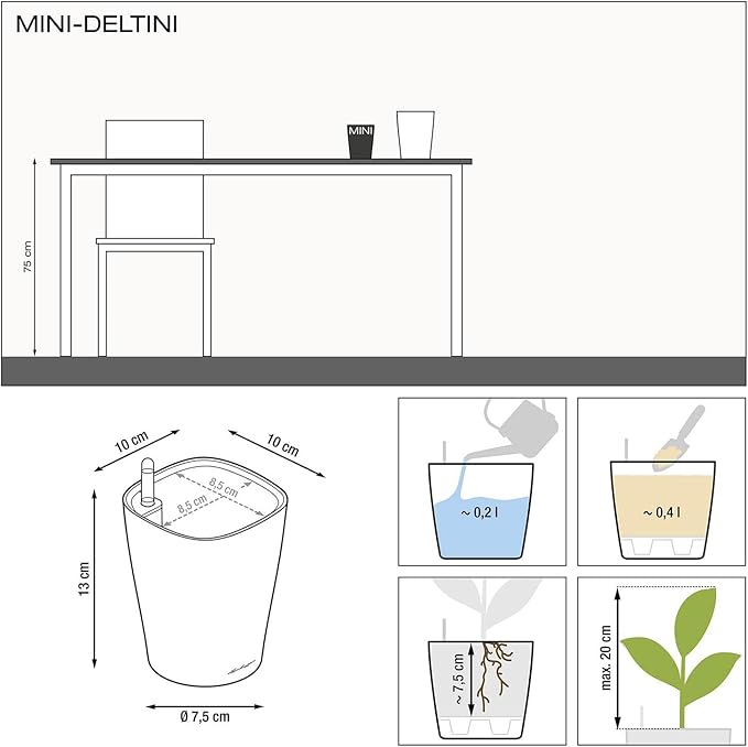 Lechuza MINI-DELTINI Charcoal Metallic, Self-Watering Small Indoor Planter, H5.1 L3.9 W3.9 in