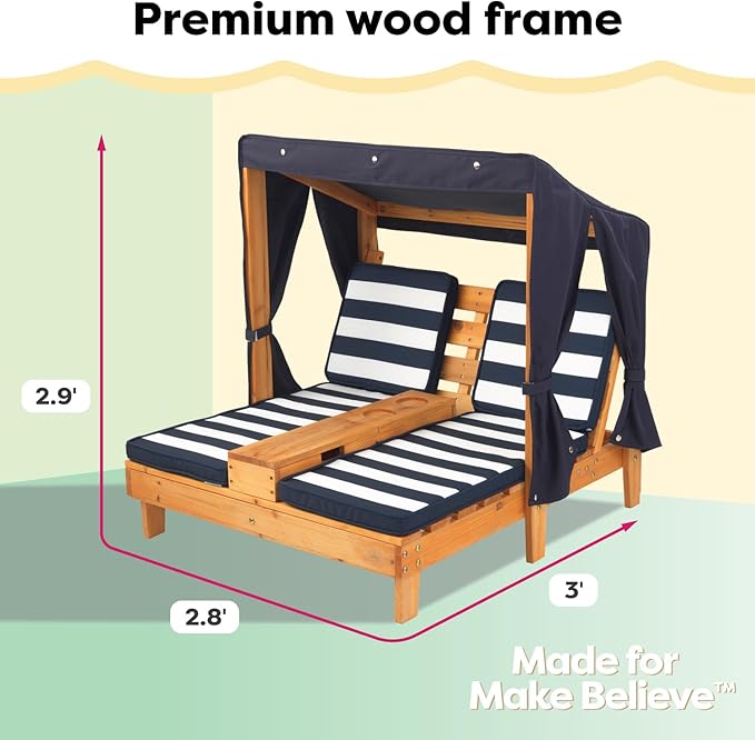 KidKraft Wooden Outdoor Double Chaise Lounge with Cup Holders, Kid's Patio Furniture, Honey with Navy and White Striped Fabric, Gift for Ages 3-8